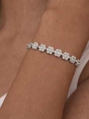 Authentic Fine .925 Silver Floral Halo Tennis Bracelet - Women Jewelry 1/20 ct